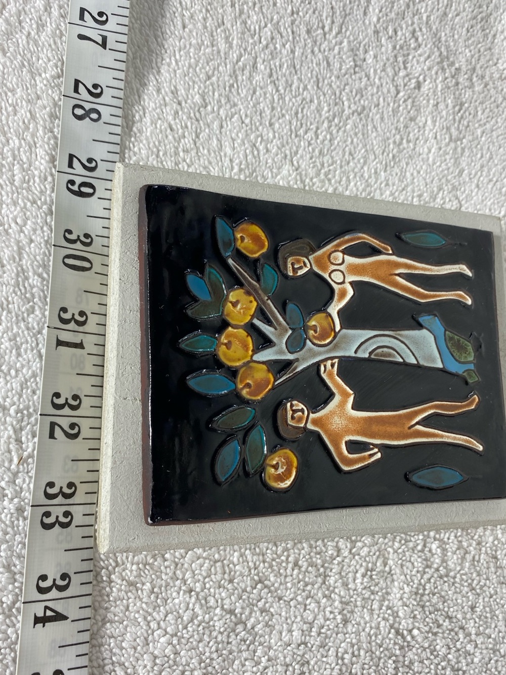 Vintage MCM Brutalist Garden of Eden Adam & Eve Tree Of Knowledge Ceramic Tile - Picture 12 of 13